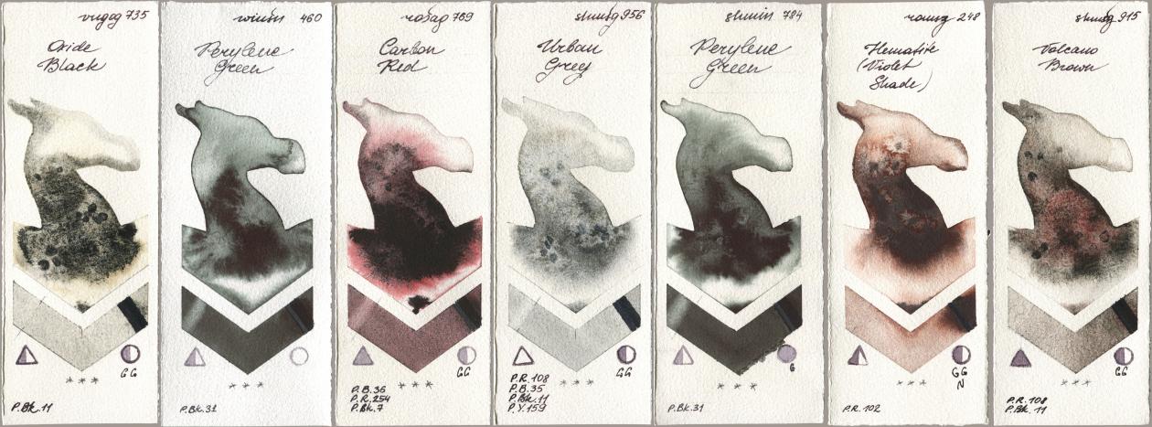 Royal Talens Van Gogh Watercolour 735 Oxide Black, Winsor & Newton Professional 460 Perylene Green, Rosa Gallery 769 Carbon Red, Shminke Horadam Aquarell 956 Urban Grey, 784 Perylene Green, Roman Szmal Aquarius 248 Hematite (Violet Shade), 915 Volcano Bro watercolor swatch