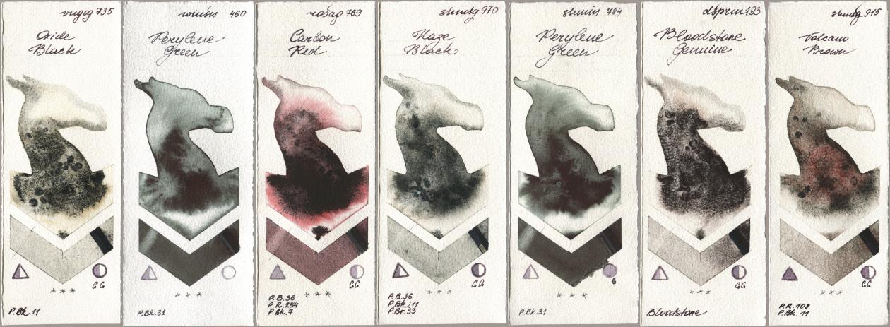 Royal Talens Van Gogh Watercolour 735 Oxide Black, Winsor & Newton Professional 460 Perylene Green, Rosa Gallery 769 Carbon Red, Shminke Horadam Aquarell 970 Haze Black, 784 Perylene Green, Daniel Smith 193 Bloodstone Genuine, 915 Volcano Bro watercolor swatch