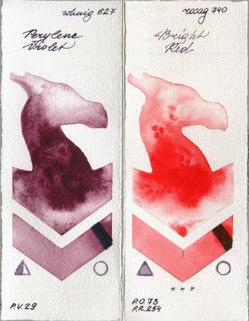  627 Perylene Violet vs Rosa Gallery 740 Bright Red watercolor swatch