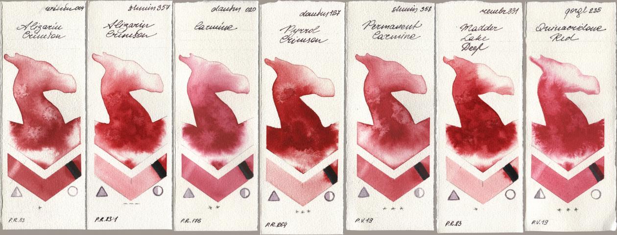 Winsor & Newton Professional 004 Alizarin Crimson, Shminke Horadam Aquarell 357 Alizarin Crimson, Daniel Smith 020 Carmine, 127 Pyrrol Crimson, 353 Permanent Carmine, Royal Talens Rembrandt Watercolour 331 Madder Lake Deep, Golden QOR 235 Quinacridone R watercolor swatch
