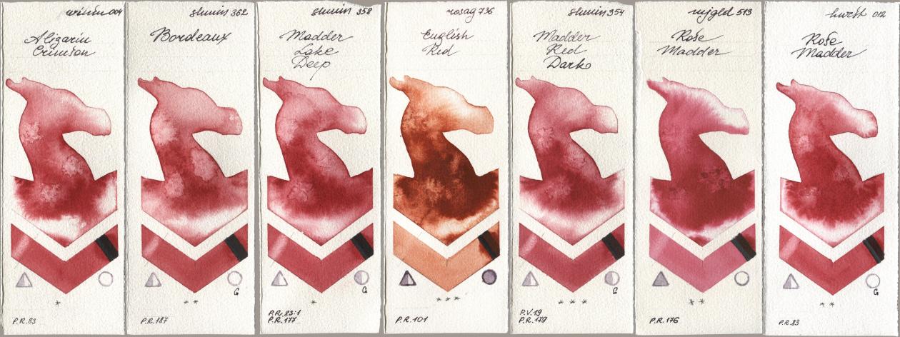 Winsor & Newton Professional 004 Alizarin Crimson, Shminke Horadam Aquarell 362 Bordeaux, 358 Madder Lake Deep, Rosa Gallery 736 English Red, 354 Madder Red Dark, Mijello Mission Gold 513 Rose Madder, Holbein Artists Watercolor 012 Rose Madd watercolor swatch