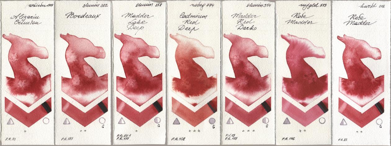 Winsor & Newton Professional 004 Alizarin Crimson, Shminke Horadam Aquarell 362 Bordeaux, 358 Madder Lake Deep, Rosa Gallery 774 Cadmium Red Deep, 354 Madder Red Dark, Mijello Mission Gold 513 Rose Madder, Holbein Artists Watercolor 012 Rose Madd watercolor swatch