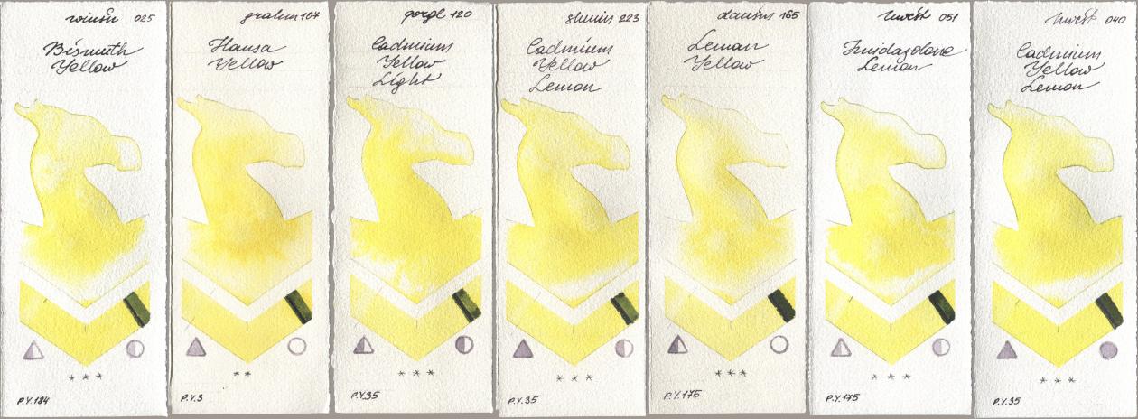 Winsor & Newton Professional 025 Bismuth Yellow, M. Graham & Co. Artists 107 Hansa Yellow, Golden QOR 120 Cadmium Yellow Light, Shminke Horadam Aquarell 223 Cadmium Yellow Lemon, Daniel Smith 165 Lemon Yellow, Holbein Artists Watercolor 051 Imidazolone Lemon, 040 Cadmium Yellow Lem watercolor swatch