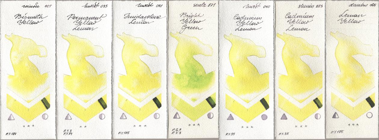 Winsor & Newton Professional 025 Bismuth Yellow, Holbein Artists Watercolor 035 Permanent Yellow Lemon, 051 Imidazolone Lemon, Sennelier l Aquarelle 871 Bright Yellow Green, 040 Cadmium Yellow Lemon, Shminke Horadam Aquarell 223 Cadmium Yellow Lemon, Daniel Smith 165 Lemon Yell watercolor swatch