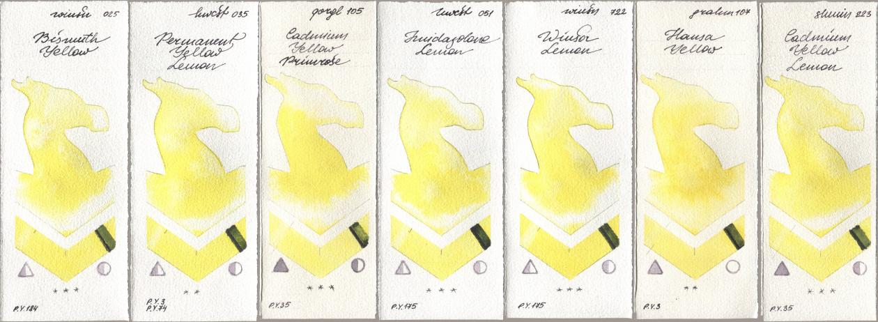 Winsor & Newton Professional 025 Bismuth Yellow, Holbein Artists Watercolor 035 Permanent Yellow Lemon, Golden QOR 105 Cadmium Yellow Primrose, 051 Imidazolone Lemon, 722 Winsor Lemon, M. Graham & Co. Artists 107 Hansa Yellow, Shminke Horadam Aquarell 223 Cadmium Yellow Lem watercolor swatch