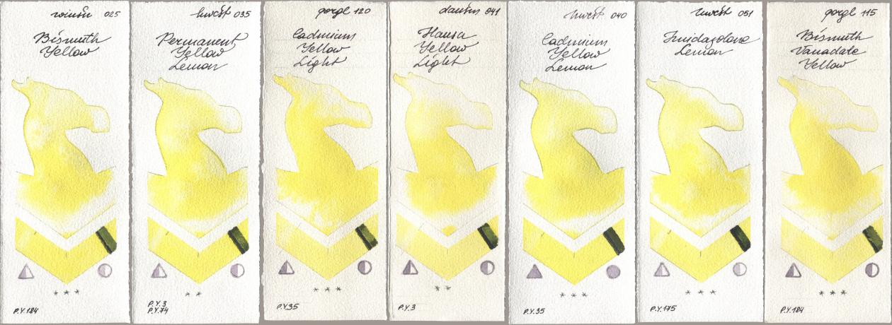 Winsor & Newton Professional 025 Bismuth Yellow, Holbein Artists Watercolor 035 Permanent Yellow Lemon, Golden QOR 120 Cadmium Yellow Light, Daniel Smith 041 Hansa Yellow Light, 040 Cadmium Yellow Lemon, 051 Imidazolone Lemon, 115 Bismuth Vanadate Yell watercolor swatch