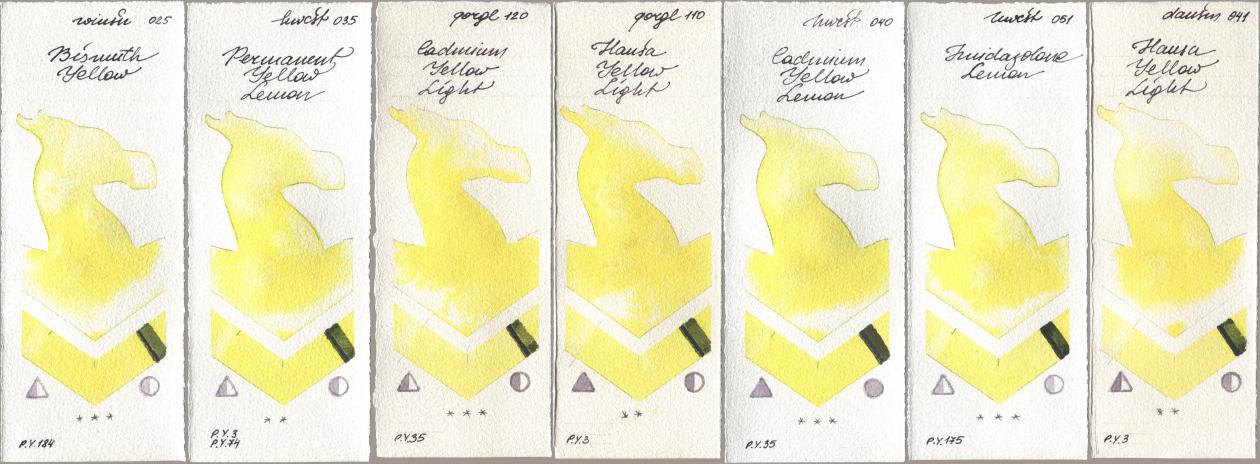 Winsor & Newton Professional 025 Bismuth Yellow, Holbein Artists Watercolor 035 Permanent Yellow Lemon, Golden QOR 120 Cadmium Yellow Light, 110 Hansa Yellow Light, 040 Cadmium Yellow Lemon, 051 Imidazolone Lemon, Daniel Smith 041 Hansa Yellow Lig watercolor swatch