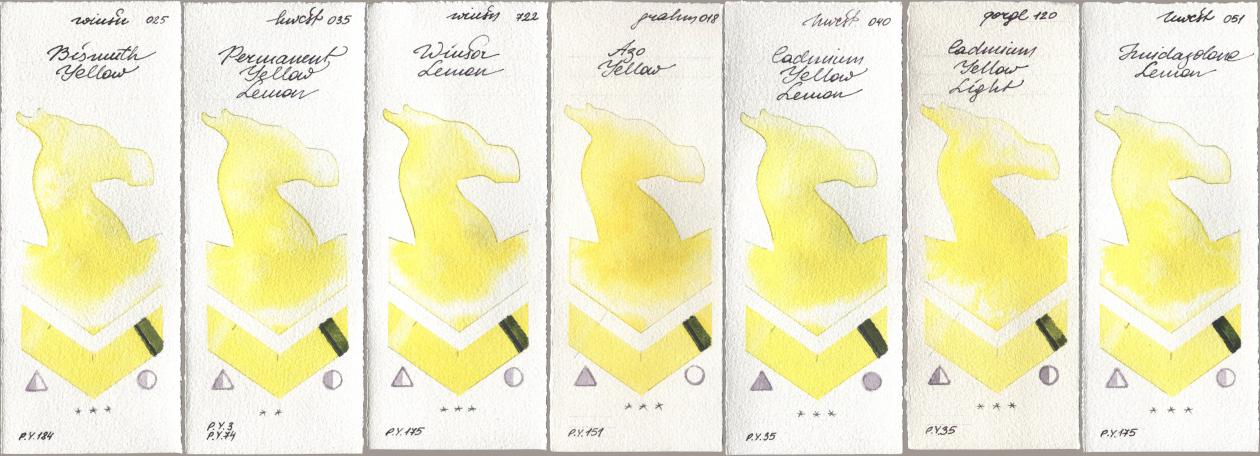 Winsor & Newton Professional 025 Bismuth Yellow, Holbein Artists Watercolor 035 Permanent Yellow Lemon, 722 Winsor Lemon, M. Graham & Co. Artists 018 Azo Yellow, 040 Cadmium Yellow Lemon, Golden QOR 120 Cadmium Yellow Light, 051 Imidazolone Lem watercolor swatch