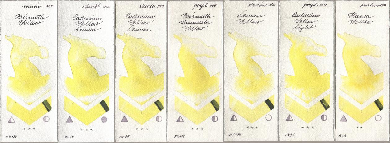 Winsor & Newton Professional 025 Bismuth Yellow, Holbein Artists Watercolor 040 Cadmium Yellow Lemon, Shminke Horadam Aquarell 223 Cadmium Yellow Lemon, Golden QOR 115 Bismuth Vanadate Yellow, Daniel Smith 165 Lemon Yellow, 120 Cadmium Yellow Light, M. Graham & Co. Artists 107 Hansa Yell watercolor swatch