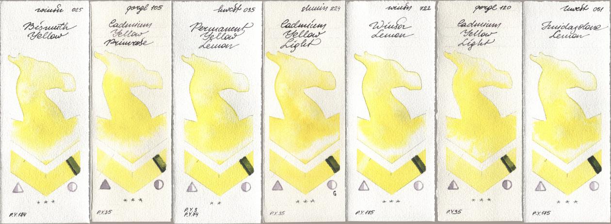 Winsor & Newton Professional 025 Bismuth Yellow, Golden QOR 105 Cadmium Yellow Primrose, Holbein Artists Watercolor 035 Permanent Yellow Lemon, Shminke Horadam Aquarell 224 Cadmium Yellow Light, 722 Winsor Lemon, 120 Cadmium Yellow Light, 051 Imidazolone Lem watercolor swatch