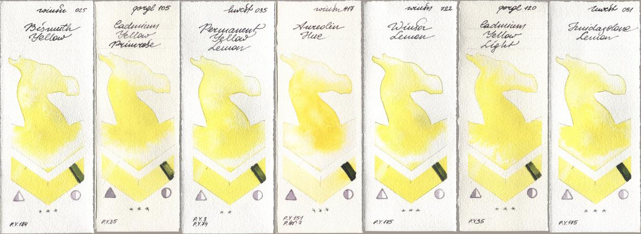 Winsor & Newton Professional 025 Bismuth Yellow, Golden QOR 105 Cadmium Yellow Primrose, Holbein Artists Watercolor 035 Permanent Yellow Lemon, 417 Aureolin Hue, 722 Winsor Lemon, 120 Cadmium Yellow Light, 051 Imidazolone Lem watercolor swatch