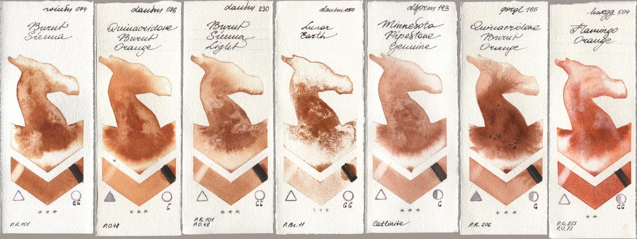 Winsor & Newton Professional 074 Burnt Sienna, Daniel Smith 086 Quinacridone Burnt Orange, 230 Burnt Sienna Light, 050 Lunar Earth, 143 Minnesota Pipestone Genuine, Golden QOR 165 Quinacridone Burnt Orange, Holbein Artists Watercolor 504 Flamingo Oran watercolor swatch