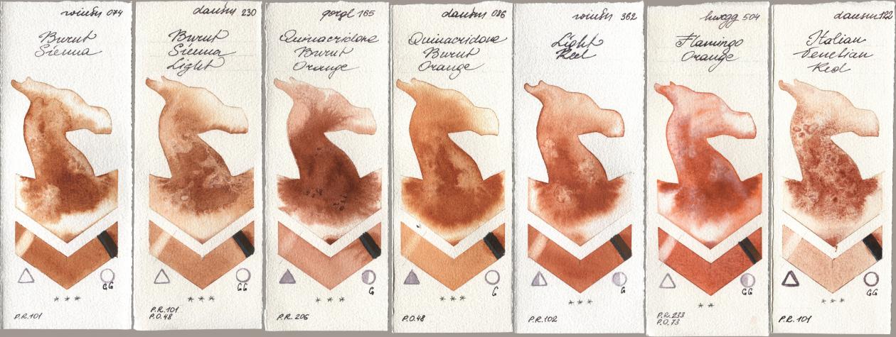 Winsor & Newton Professional 074 Burnt Sienna, Daniel Smith 230 Burnt Sienna Light, Golden QOR 165 Quinacridone Burnt Orange, 086 Quinacridone Burnt Orange, 362 Light Red, Holbein Artists Watercolor 504 Flamingo Orange, 122 Italian Venetian R watercolor swatch