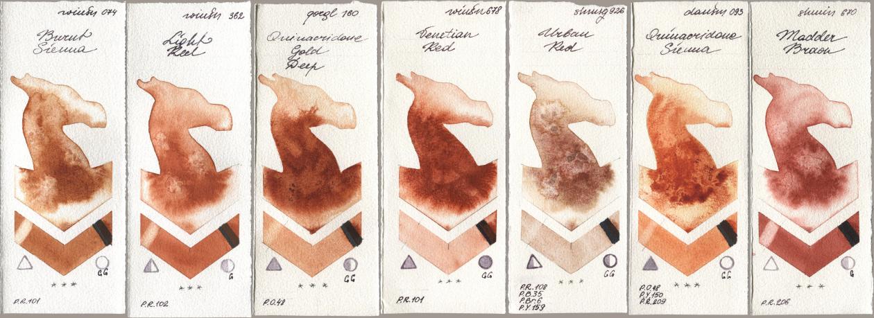 Winsor & Newton Professional 074 Burnt Sienna, 362 Light Red, Golden QOR 160 Quinacridone Gold Deep, 678 Venetian Red, Shminke Horadam Aquarell 926 Urban Red, Daniel Smith 093 Quinacridone Sienna, 670 Madder Bro watercolor swatch