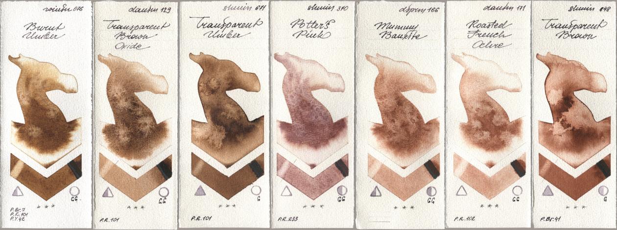 Winsor & Newton Professional 076 Burnt Umber, Daniel Smith 129 Transparent Brown Oxide, Shminke Horadam Aquarell 671 Transparent Umber, 370 Potters Pink, 166 Mummy Bauxite, 171 Roasted French Ochre, 648 Transparent Bro watercolor swatch