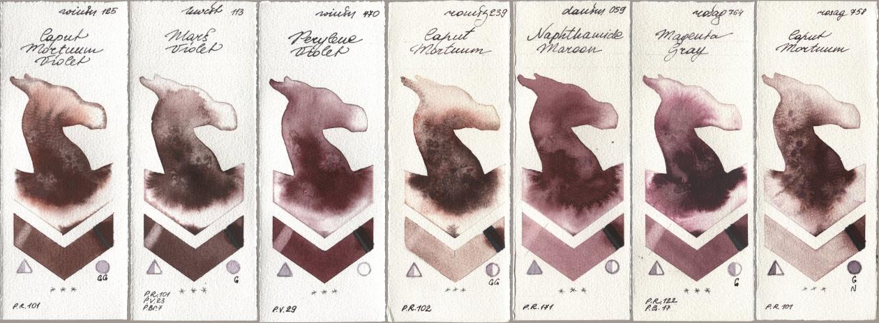 Winsor & Newton Professional 125 Caput Mortuum Violet, Holbein Artists Watercolor 113 Mars Violet, 470 Perylene Violet, Roman Szmal Aquarius 239 Caput Mortuum, Daniel Smith 059 Naphthamide Maroon, Rosa Gallery 764 Magenta Gray, 758 Caput Mortu watercolor swatch