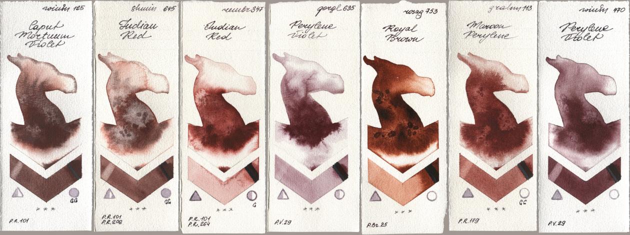 Winsor & Newton Professional 125 Caput Mortuum Violet, Shminke Horadam Aquarell 645 Indian Red, Royal Talens Rembrandt Watercolour 347 Indian Red, Golden QOR 635 Perylene Violet, Rosa Gallery 753 Royal Brown, M. Graham & Co. Artists 113 Maroon Perylene, 470 Perylene Viol watercolor swatch