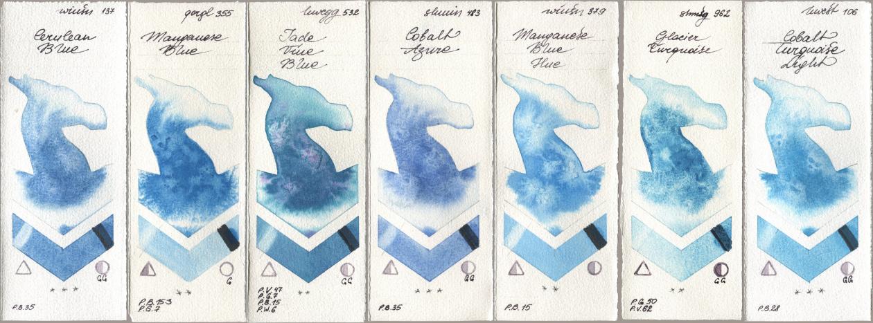 Winsor & Newton Professional 137 Cerulean Blue, Golden QOR 355 Manganese Blue, Holbein Artists Watercolor 532 Jade Vine Blue, Shminke Horadam Aquarell 483 Cobalt Azure, 379 Manganese Blue Hue, 962 Glacier Turquoise, 106 Cobalt Turquoise Lig watercolor swatch
