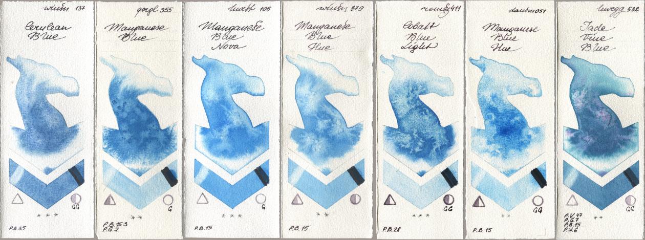 Winsor & Newton Professional 137 Cerulean Blue, Golden QOR 355 Manganese Blue, Holbein Artists Watercolor 105 Manganese Blue Nova, 379 Manganese Blue Hue, Roman Szmal Aquarius 411 Cobalt Blue Light, Daniel Smith 051 Manganese Blue Hue, 532 Jade Vine Bl watercolor swatch