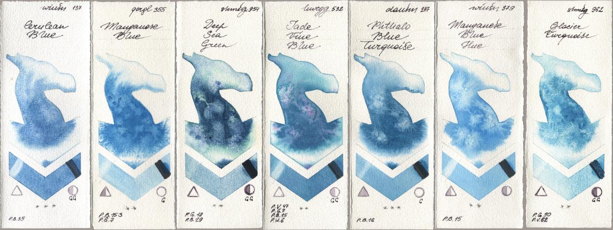 Winsor & Newton Professional 137 Cerulean Blue, Golden QOR 355 Manganese Blue, Shminke Horadam Aquarell 954 Deep Sea Green, Holbein Artists Watercolor 532 Jade Vine Blue, Daniel Smith 247 Phthalo Blue Turquoise, 379 Manganese Blue Hue, 962 Glacier Turquoi watercolor swatch