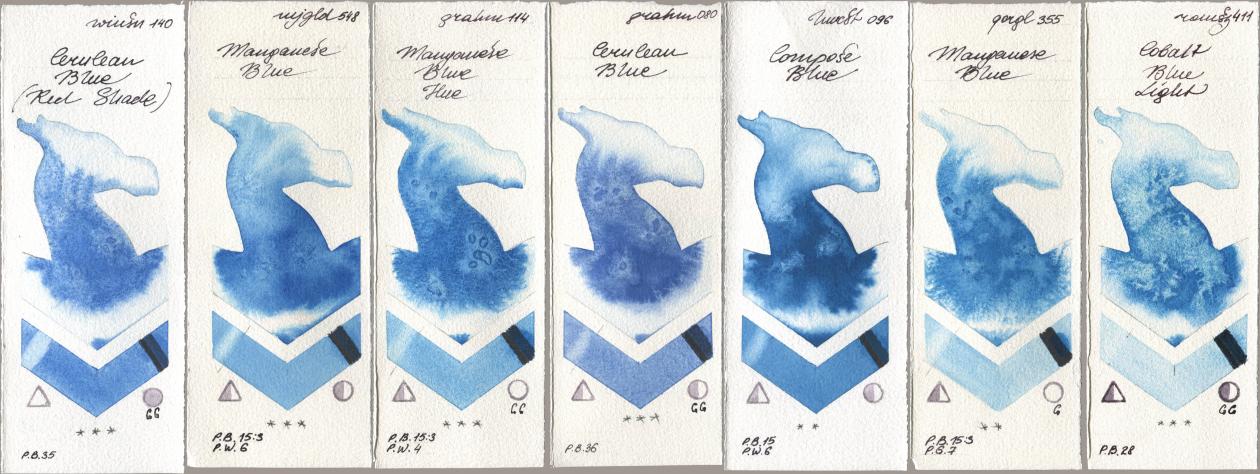 Winsor & Newton Professional 140 Cerulean Blue (Red Shade), Mijello Mission Gold 548 Manganese Blue, M. Graham & Co. Artists 114 Manganese Blue Hue, 080 Cerulean Blue, Holbein Artists Watercolor 096 Compose Blue, Golden QOR 355 Manganese Blue, Roman Szmal Aquarius 411 Cobalt Blue Lig watercolor swatch
