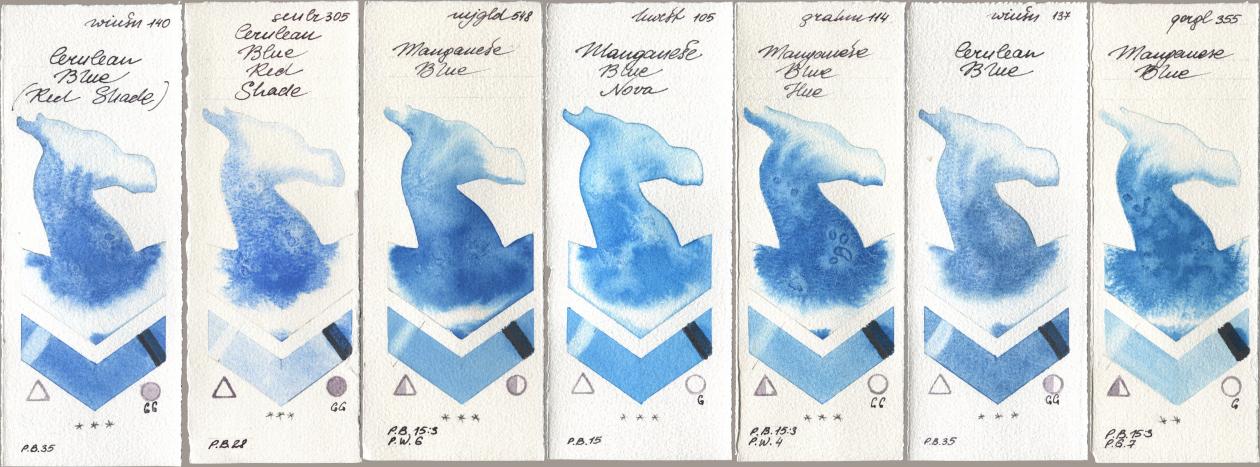 Winsor & Newton Professional 140 Cerulean Blue (Red Shade), Sennelier l Aquarelle 305 Cerulean Blue Red Shade, Mijello Mission Gold 548 Manganese Blue, Holbein Artists Watercolor 105 Manganese Blue Nova, M. Graham & Co. Artists 114 Manganese Blue Hue, 137 Cerulean Blue, Golden QOR 355 Manganese Bl watercolor swatch