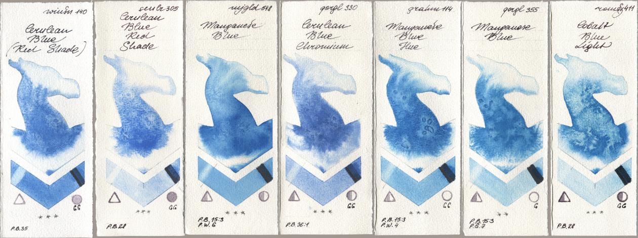 Winsor & Newton Professional 140 Cerulean Blue (Red Shade), Sennelier l Aquarelle 305 Cerulean Blue Red Shade, Mijello Mission Gold 548 Manganese Blue, Golden QOR 330 Cerulean Blue, Chromium, M. Graham & Co. Artists 114 Manganese Blue Hue, 355 Manganese Blue, Roman Szmal Aquarius 411 Cobalt Blue Lig watercolor swatch