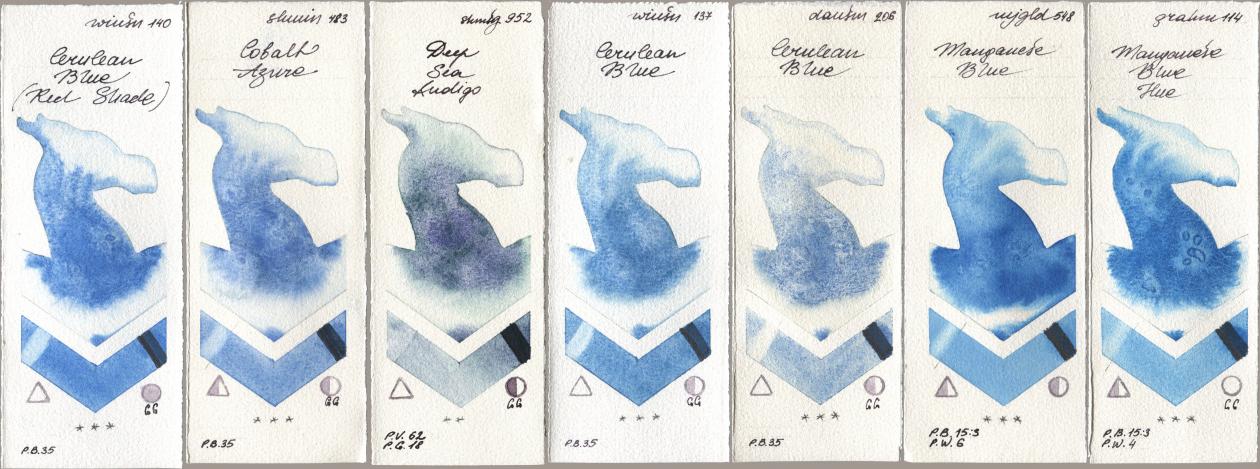 Winsor & Newton Professional 140 Cerulean Blue (Red Shade), Shminke Horadam Aquarell 483 Cobalt Azure, 952 Deep Sea Indigo, 137 Cerulean Blue, Daniel Smith 206 Cerulean Blue, Mijello Mission Gold 548 Manganese Blue, M. Graham & Co. Artists 114 Manganese Blue H watercolor swatch
