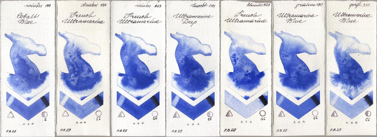 Winsor & Newton Professional 178 Cobalt Blue, Daniel Smith 034 French Ultramarine, 263 French Ultramarine, Holbein Artists Watercolor 094 Ultramarine Deep, Shminke Horadam Aquarell 493 French Ultramarine, M. Graham & Co. Artists 190 Ultramarine Blue, Golden QOR 310 Ultramarine Bl watercolor swatch