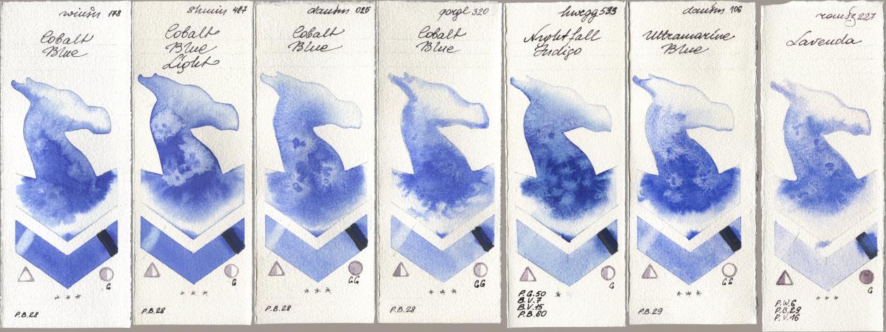 Winsor & Newton Professional 178 Cobalt Blue, Shminke Horadam Aquarell 487 Cobalt Blue Light, Daniel Smith 025 Cobalt Blue, Golden QOR 320 Cobalt Blue, Holbein Artists Watercolor 533 Nightfall Indigo, 106 Ultramarine Blue, Roman Szmal Aquarius 227 Laven watercolor swatch