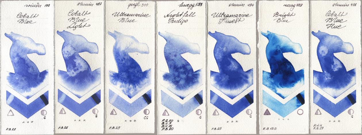 Winsor & Newton Professional 178 Cobalt Blue, Shminke Horadam Aquarell 487 Cobalt Blue Light, Golden QOR 310 Ultramarine Blue, Holbein Artists Watercolor 533 Nightfall Indigo, 494 Ultramarine Finest, Rosa Gallery 729 Bright Blue, 486 Cobalt Blue H watercolor swatch