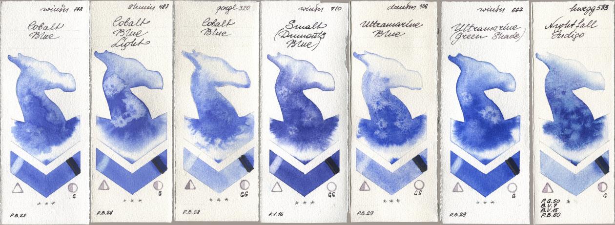 Winsor & Newton Professional 178 Cobalt Blue, Shminke Horadam Aquarell 487 Cobalt Blue Light, Golden QOR 320 Cobalt Blue, 710 Smalt (Dumonts Blue), Daniel Smith 106 Ultramarine Blue, 667 Ultramarine (Green Shade), Holbein Artists Watercolor 533 Nightfall Indi watercolor swatch