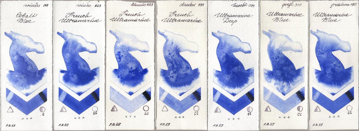 Winsor & Newton Professional 178 Cobalt Blue, 263 French Ultramarine, Shminke Horadam Aquarell 493 French Ultramarine, Daniel Smith 034 French Ultramarine, Holbein Artists Watercolor 094 Ultramarine Deep, Golden QOR 310 Ultramarine Blue, M. Graham & Co. Artists 190 Ultramarine Bl watercolor swatch