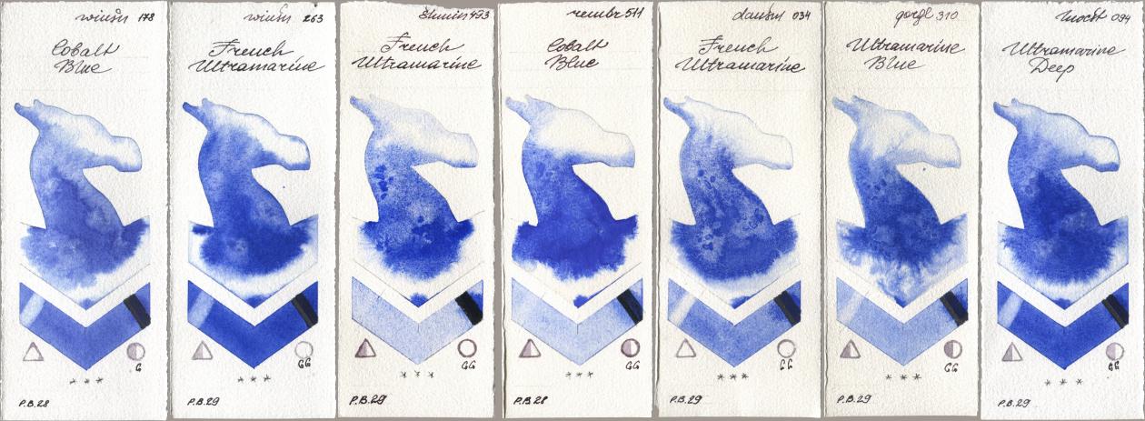 Winsor & Newton Professional 178 Cobalt Blue, 263 French Ultramarine, Shminke Horadam Aquarell 493 French Ultramarine, Royal Talens Rembrandt Watercolour 511 Cobalt Blue, Daniel Smith 034 French Ultramarine, Golden QOR 310 Ultramarine Blue, Holbein Artists Watercolor 094 Ultramarine De watercolor swatch