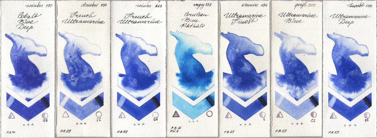 Winsor & Newton Professional 180 Cobalt Blue Deep, Daniel Smith 034 French Ultramarine, 263 French Ultramarine, Royal Talens Van Gogh Watercolour 535 Cerulean Blue Phthalo, Shminke Horadam Aquarell 494 Ultramarine Finest, Golden QOR 310 Ultramarine Blue, Holbein Artists Watercolor 094 Ultramarine De watercolor swatch
