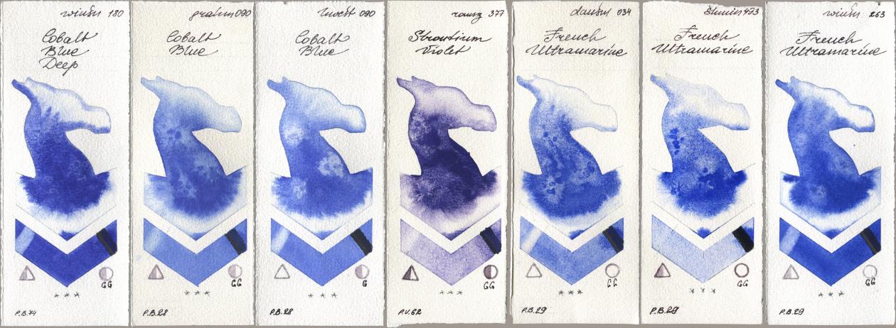 Winsor & Newton Professional 180 Cobalt Blue Deep, M. Graham & Co. Artists 090 Cobalt Blue, Holbein Artists Watercolor 090 Cobalt Blue, Roman Szmal Aquarius 377 Strontium Violet, Daniel Smith 034 French Ultramarine, Shminke Horadam Aquarell 493 French Ultramarine, 263 French Ultramari watercolor swatch