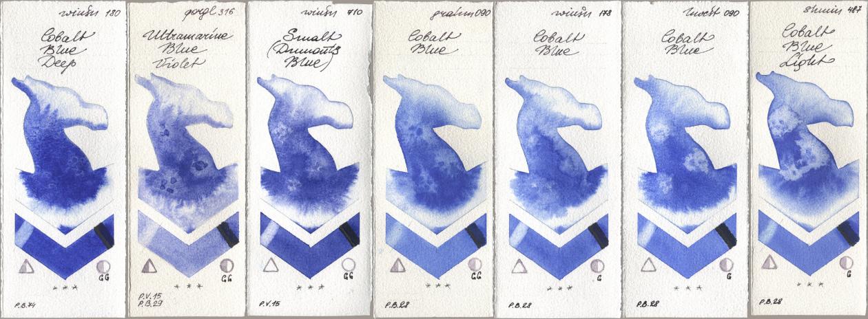 Winsor & Newton Professional 180 Cobalt Blue Deep, Golden QOR 316 Ultramarine Blue Violet, 710 Smalt (Dumonts Blue), M. Graham & Co. Artists 090 Cobalt Blue, 178 Cobalt Blue, Holbein Artists Watercolor 090 Cobalt Blue, Shminke Horadam Aquarell 487 Cobalt Blue Lig watercolor swatch