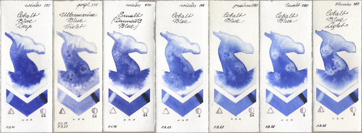 Winsor & Newton Professional 180 Cobalt Blue Deep, Golden QOR 316 Ultramarine Blue Violet, 710 Smalt (Dumonts Blue), 178 Cobalt Blue, M. Graham & Co. Artists 090 Cobalt Blue, Holbein Artists Watercolor 090 Cobalt Blue, Shminke Horadam Aquarell 487 Cobalt Blue Lig watercolor swatch