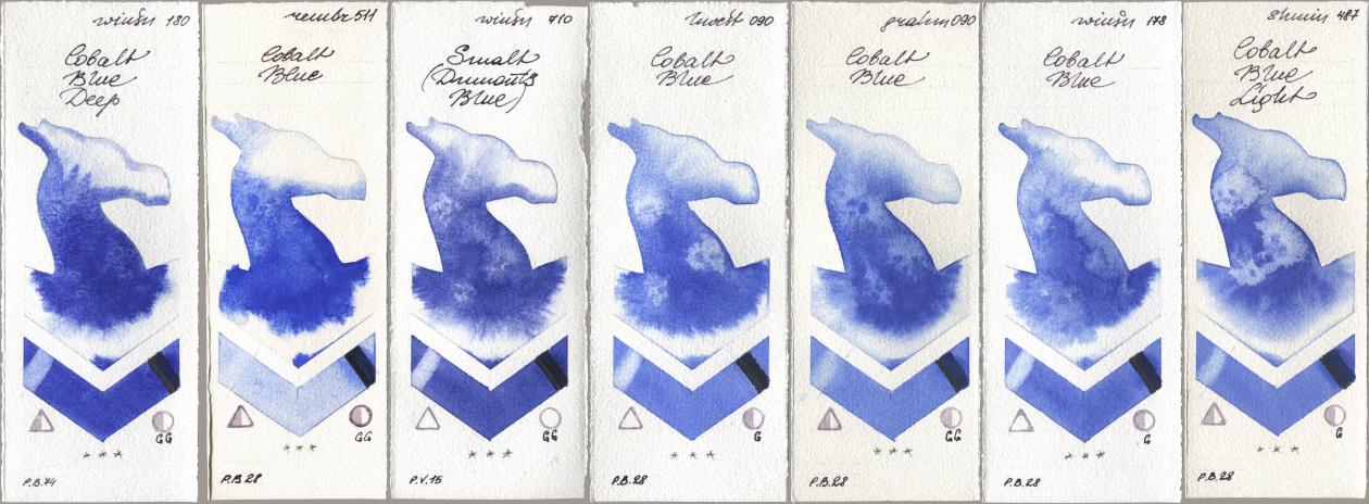 Winsor & Newton Professional 180 Cobalt Blue Deep, Royal Talens Rembrandt Watercolour 511 Cobalt Blue, 710 Smalt (Dumonts Blue), Holbein Artists Watercolor 090 Cobalt Blue, M. Graham & Co. Artists 090 Cobalt Blue, 178 Cobalt Blue, Shminke Horadam Aquarell 487 Cobalt Blue Lig watercolor swatch