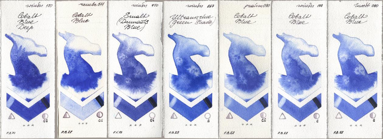 Winsor & Newton Professional 180 Cobalt Blue Deep, Royal Talens Rembrandt Watercolour 511 Cobalt Blue, 710 Smalt (Dumonts Blue), 667 Ultramarine (Green Shade), M. Graham & Co. Artists 090 Cobalt Blue, 178 Cobalt Blue, Holbein Artists Watercolor 090 Cobalt Bl watercolor swatch