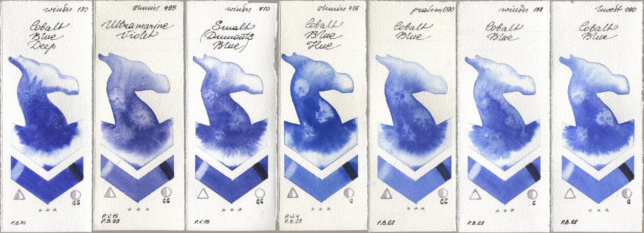 Winsor & Newton Professional 180 Cobalt Blue Deep, Shminke Horadam Aquarell 495 Ultramarine Violet, 710 Smalt (Dumonts Blue), 486 Cobalt Blue Hue, M. Graham & Co. Artists 090 Cobalt Blue, 178 Cobalt Blue, Holbein Artists Watercolor 090 Cobalt Bl watercolor swatch
