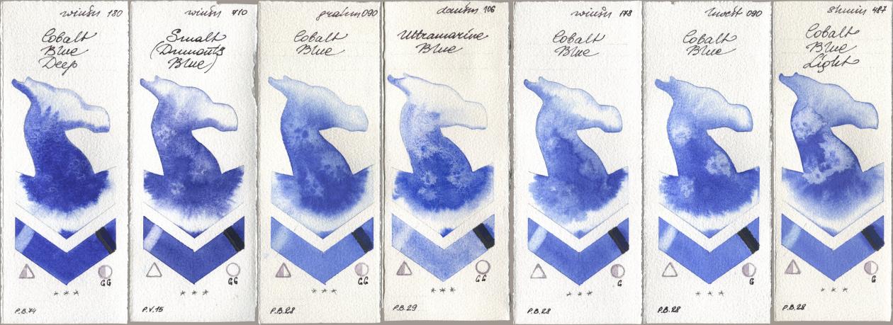 Winsor & Newton Professional 180 Cobalt Blue Deep, 710 Smalt (Dumonts Blue), M. Graham & Co. Artists 090 Cobalt Blue, Daniel Smith 106 Ultramarine Blue, 178 Cobalt Blue, Holbein Artists Watercolor 090 Cobalt Blue, Shminke Horadam Aquarell 487 Cobalt Blue Lig watercolor swatch