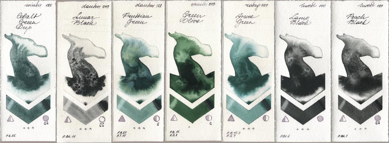 Winsor & Newton Professional 185 Cobalt Green Deep, Daniel Smith 049 Lunar Black, 128 Prussian Green, Shminke Horadam Aquarell 515 Green Olive, Rosa Gallery 767 Azure Green, Holbein Artists Watercolor 140 Lamp Black, 137 Peach Bla watercolor swatch