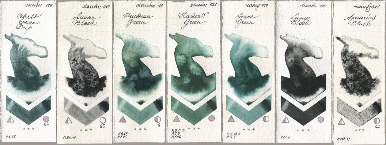 Winsor & Newton Professional 185 Cobalt Green Deep, Daniel Smith 049 Lunar Black, 128 Prussian Green, Shminke Horadam Aquarell 521 Hookers Green, Rosa Gallery 767 Azure Green, Holbein Artists Watercolor 140 Lamp Black, Roman Szmal Aquarius 247 Aquarius Bla watercolor swatch