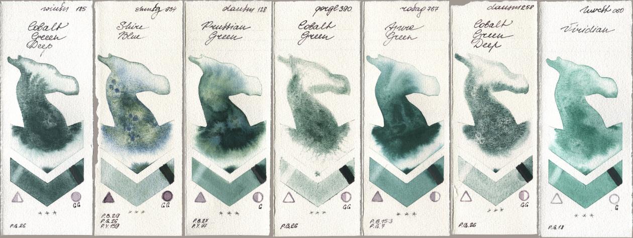 Winsor & Newton Professional 185 Cobalt Green Deep, Shminke Horadam Aquarell 934 Shire Blue, Daniel Smith 128 Prussian Green, Golden QOR 390 Cobalt Green, Rosa Gallery 767 Azure Green, 258 Cobalt Green Deep, Holbein Artists Watercolor 060 Viridi watercolor swatch