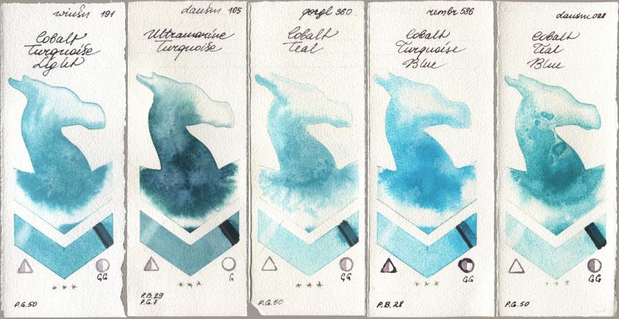 Winsor & Newton Professional 191 Cobalt Turquoise Light, Daniel Smith 105 Ultramarine Turquoise, Golden QOR 360 Cobalt Teal, Royal Talens Rembrandt Watercolour 586 Cobalt Turquoise Blue, 028 Cobalt Teal Bl watercolor swatch