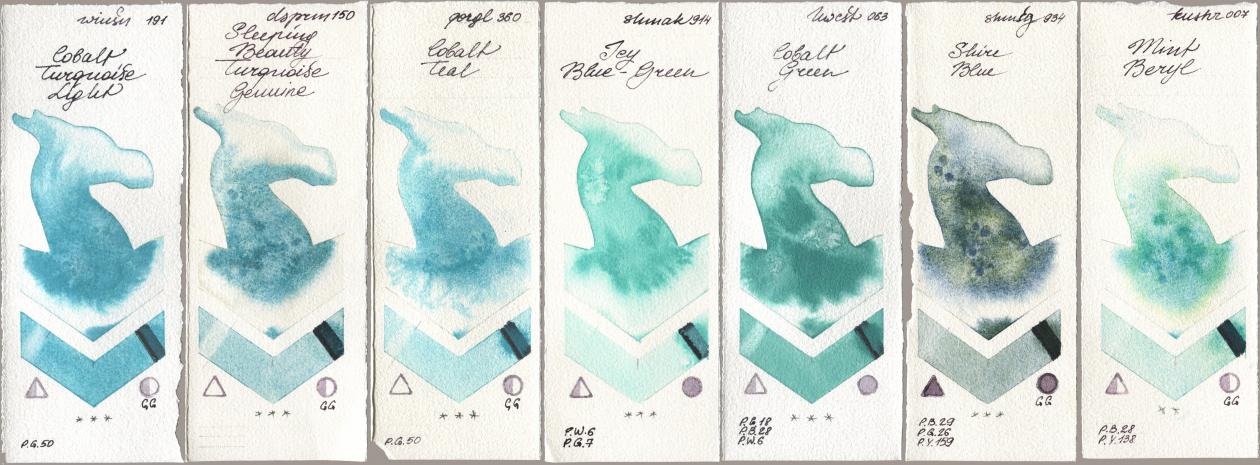 Winsor & Newton Professional 191 Cobalt Turquoise Light, Daniel Smith 150 Sleeping Beauty Turquoise Genuine, Golden QOR 360 Cobalt Teal, Shminke Akademie Aquarell 914 Icy Blue-Green, Holbein Artists Watercolor 063 Cobalt Green, Shminke Horadam Aquarell 934 Shire Blue, Kusakabe 007 Mint Ber watercolor swatch