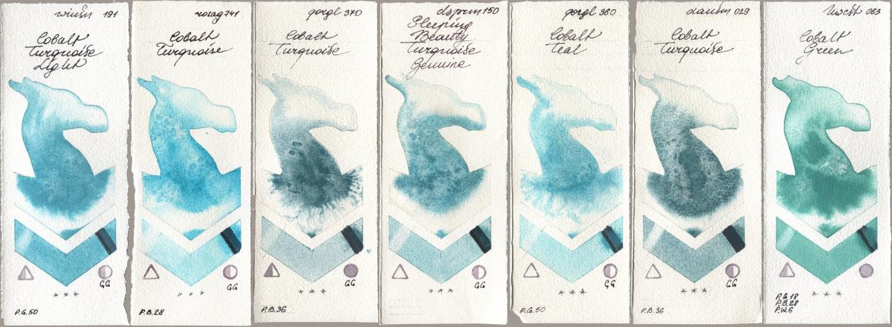 Winsor & Newton Professional 191 Cobalt Turquoise Light, Rosa Gallery 741 Cobalt Turquoise, Golden QOR 370 Cobalt Turquoise, Daniel Smith 150 Sleeping Beauty Turquoise Genuine, 360 Cobalt Teal, 029 Cobalt Turquoise, Holbein Artists Watercolor 063 Cobalt Gre watercolor swatch