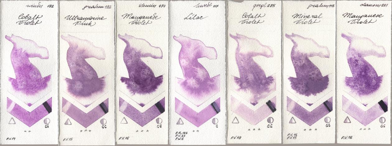 Winsor & Newton Professional 192 Cobalt Violet, M. Graham & Co. Artists 192 Ultramarine Pink, Shminke Horadam Aquarell 474 Manganese Violet, Holbein Artists Watercolor 117 Lilac, Golden QOR 285 Cobalt Violet, 116 Mineral Violet, Daniel Smith 261 Manganese Viol watercolor swatch