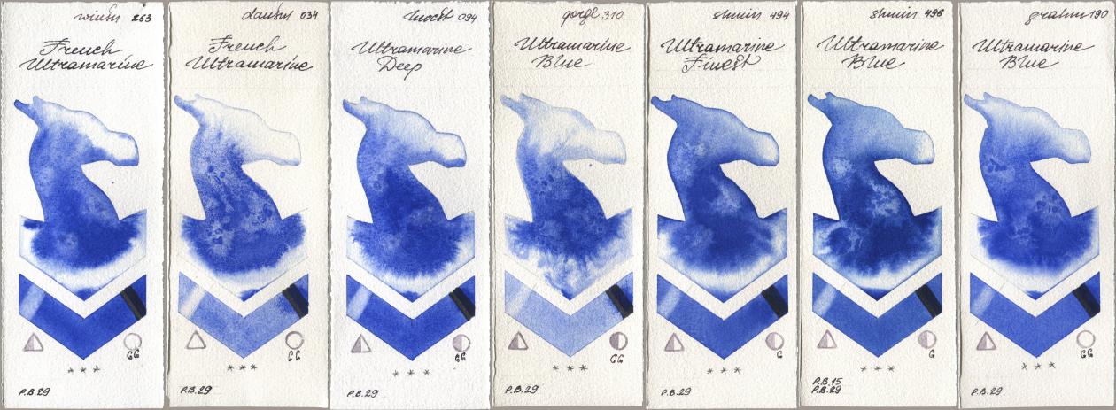 Winsor & Newton Professional 263 French Ultramarine, Daniel Smith 034 French Ultramarine, Holbein Artists Watercolor 094 Ultramarine Deep, Golden QOR 310 Ultramarine Blue, Shminke Horadam Aquarell 494 Ultramarine Finest, 496 Ultramarine Blue, M. Graham & Co. Artists 190 Ultramarine Bl watercolor swatch